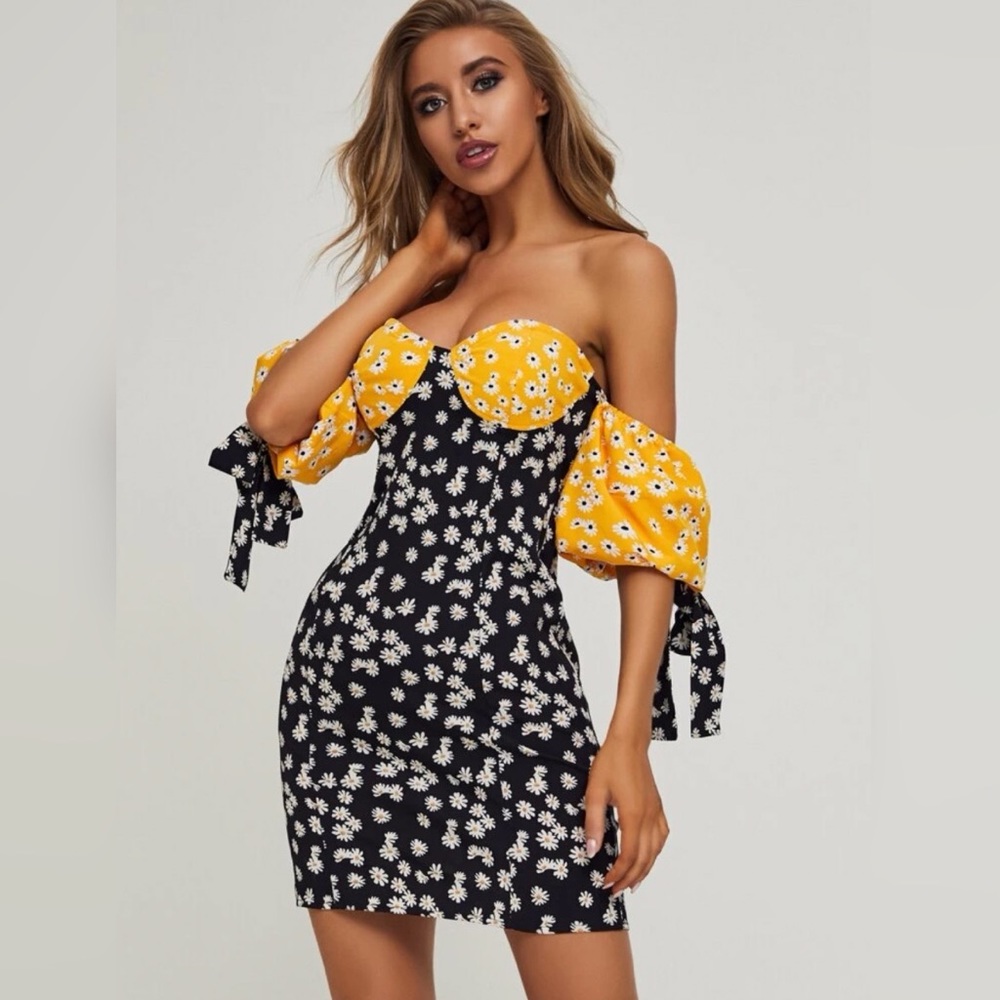 SHEIN Daisy Floral Shirred Back Knotted Bardot Dress Sz. M - NWT